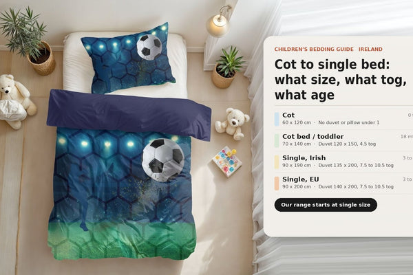 Children's bedding sizes in Ireland from cot to single bed, with a football print single duvet set on a child's bed and a size, tog and age chart