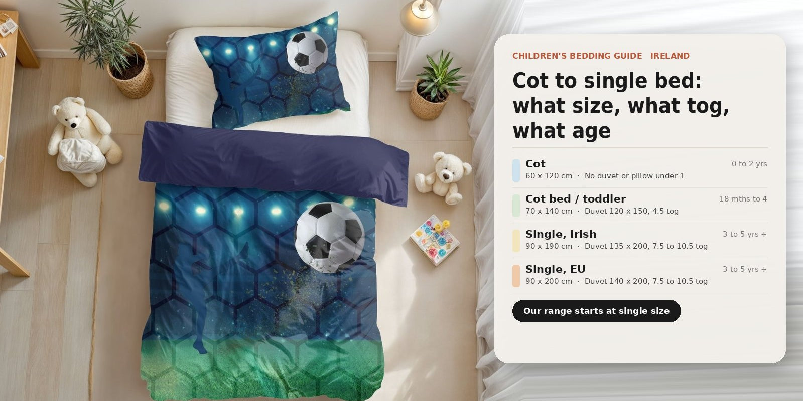 Children's bedding sizes in Ireland from cot to single bed, with a football print single duvet set on a child's bed and a size, tog and age chart