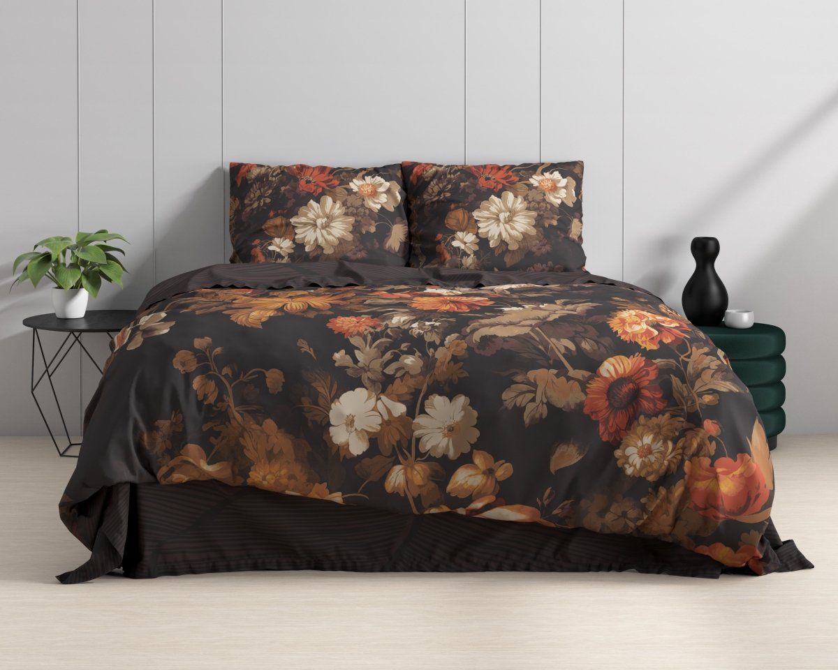 100% Cotton Duvet Cover Set Art Flowers | Brown | Double - 200cm (W) x 200/220cm (L) - The Bedding & Blankets Store