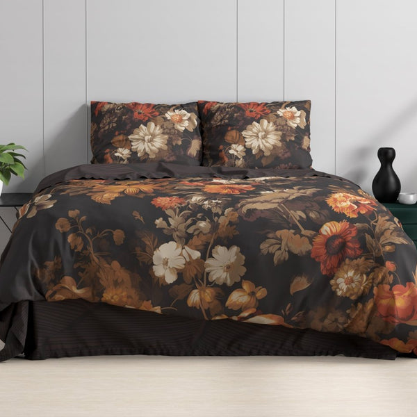 100% Cotton Duvet Cover Set Art Flowers | Brown | Double - 200cm (W) x 200/220cm (L) - The Bedding & Blankets Store