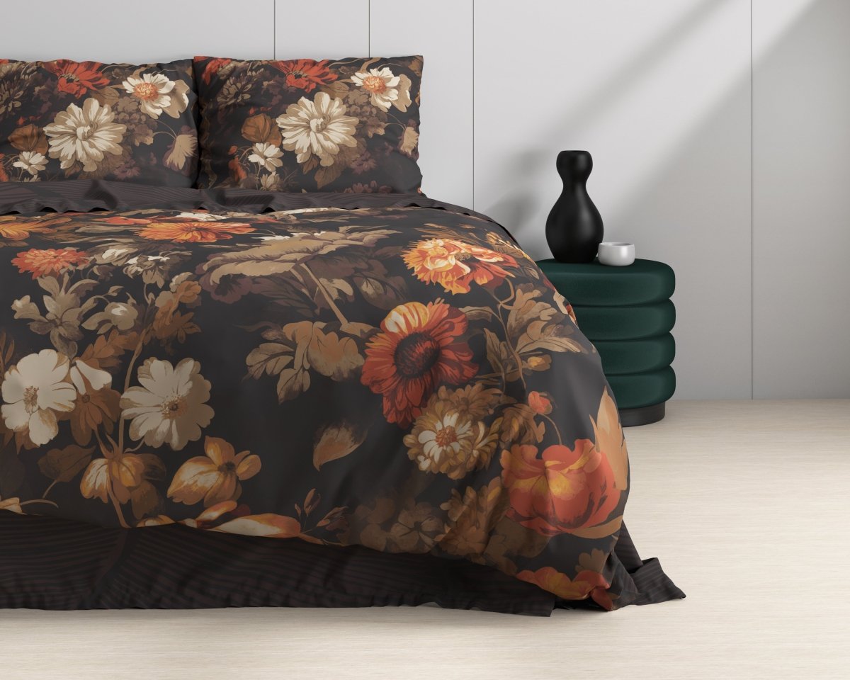 100% Cotton Duvet Cover Set Art Flowers | Brown | Double - 200cm (W) x 200/220cm (L) - The Bedding & Blankets Store