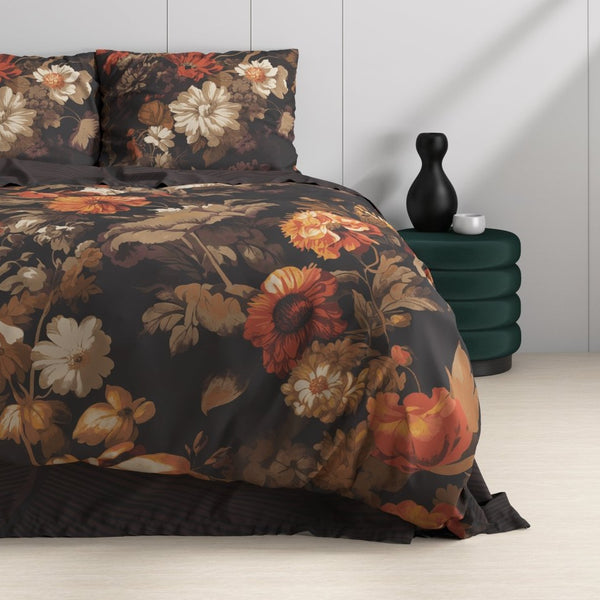 100% Cotton Duvet Cover Set Art Flowers | Brown | Double - 200cm (W) x 200/220cm (L) - The Bedding & Blankets Store