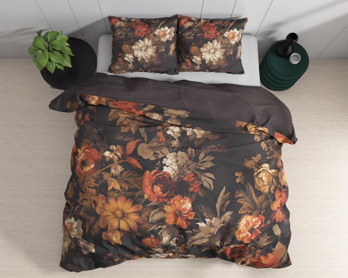 100% Cotton Duvet Cover Set Art Flowers | Brown | Double - 200cm (W) x 200/220cm (L) - The Bedding & Blankets Store