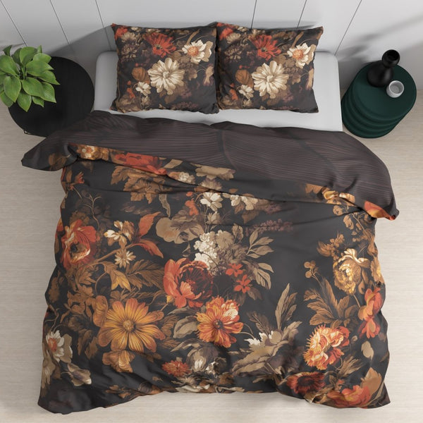 100% Cotton Duvet Cover Set Art Flowers | Brown | Double - 200cm (W) x 200/220cm (L) - The Bedding & Blankets Store