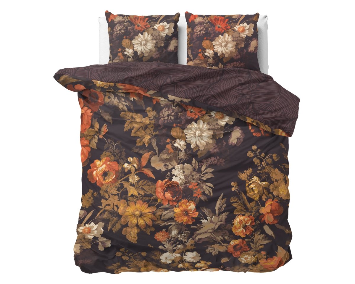 100% Cotton Duvet Cover Set Art Flowers | Brown | Double - 200cm (W) x 200/220cm (L) - The Bedding & Blankets Store
