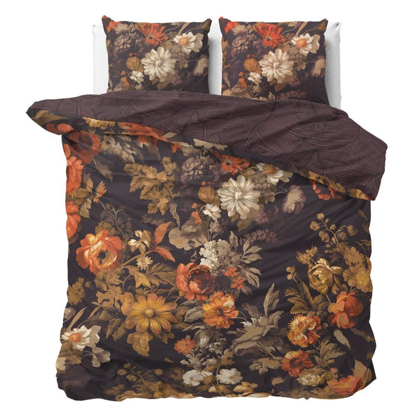 100% Cotton Duvet Cover Set Art Flowers | Brown | Double - 200cm (W) x 200/220cm (L) - The Bedding & Blankets Store