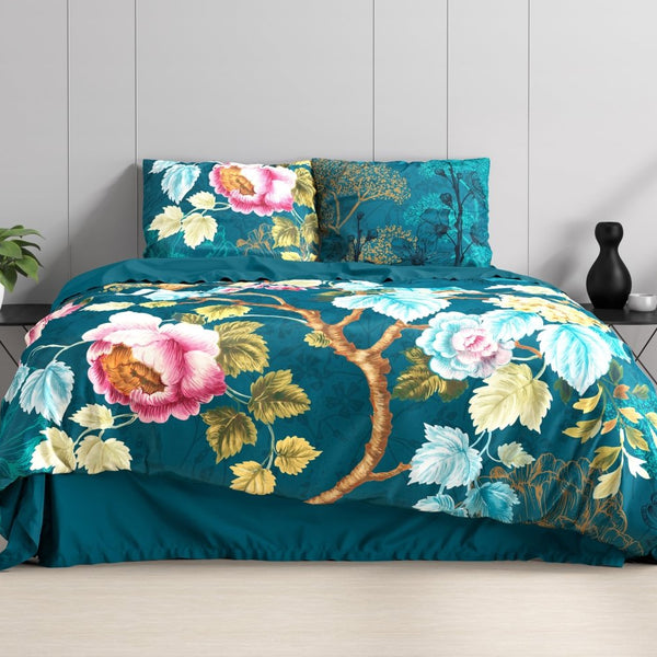 100% Cotton Duvet Cover Set Chanda | Blue | King Long - 240cm (W) x 220cm (L) - The Bedding & Blankets Store