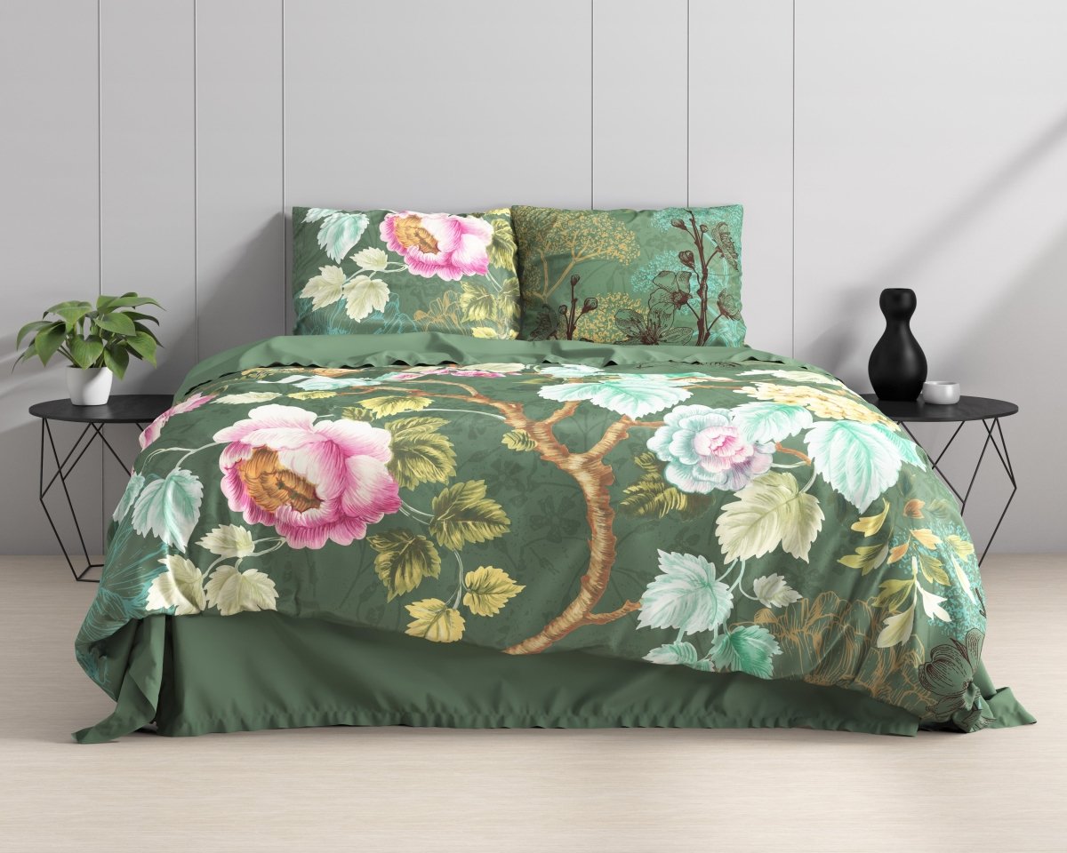 100% Cotton Duvet Cover Set Chanda | Olive Green | King Long - 240cm (W) x 220cm (L) - The Bedding & Blankets Store
