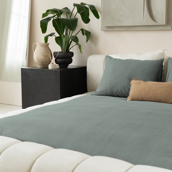 100% Cotton Duvet Cover Set Denim Stone Washed | Green | Single - 140cm (W) x 220cm (L) - The Bedding & Blankets Store