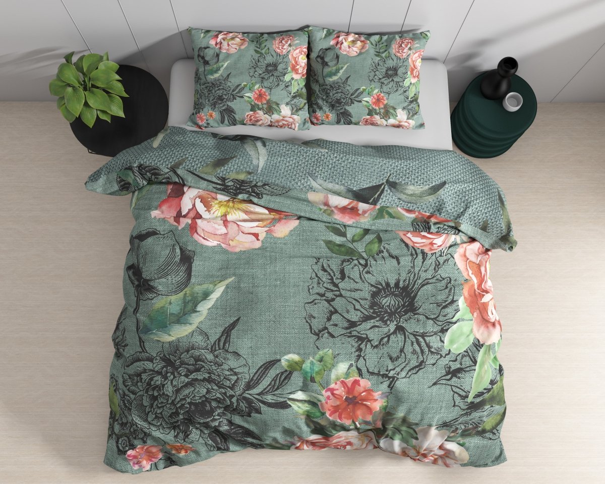 100% Cotton Duvet Cover Set Diana | Green | King Long - 240cm (W) x 220cm (L) - The Bedding & Blankets Store