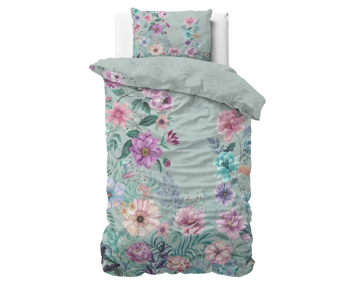 100% Cotton Duvet Cover Set Flore | Blue | Single - 140cm (W) x 220cm (L) - The Bedding & Blankets Store