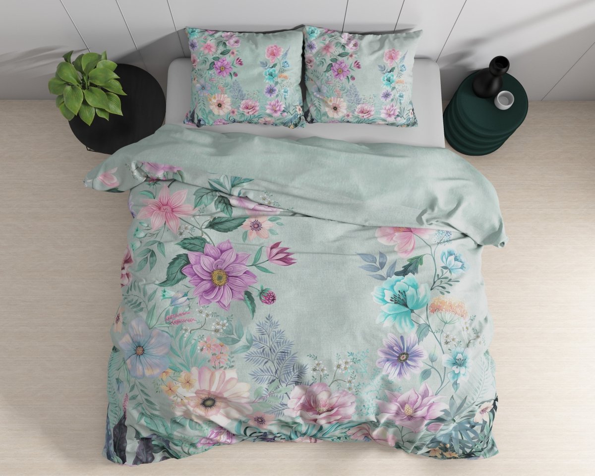 100% Cotton Duvet Cover Set Flore | Blue | Single - 140cm (W) x 220cm (L) - The Bedding & Blankets Store
