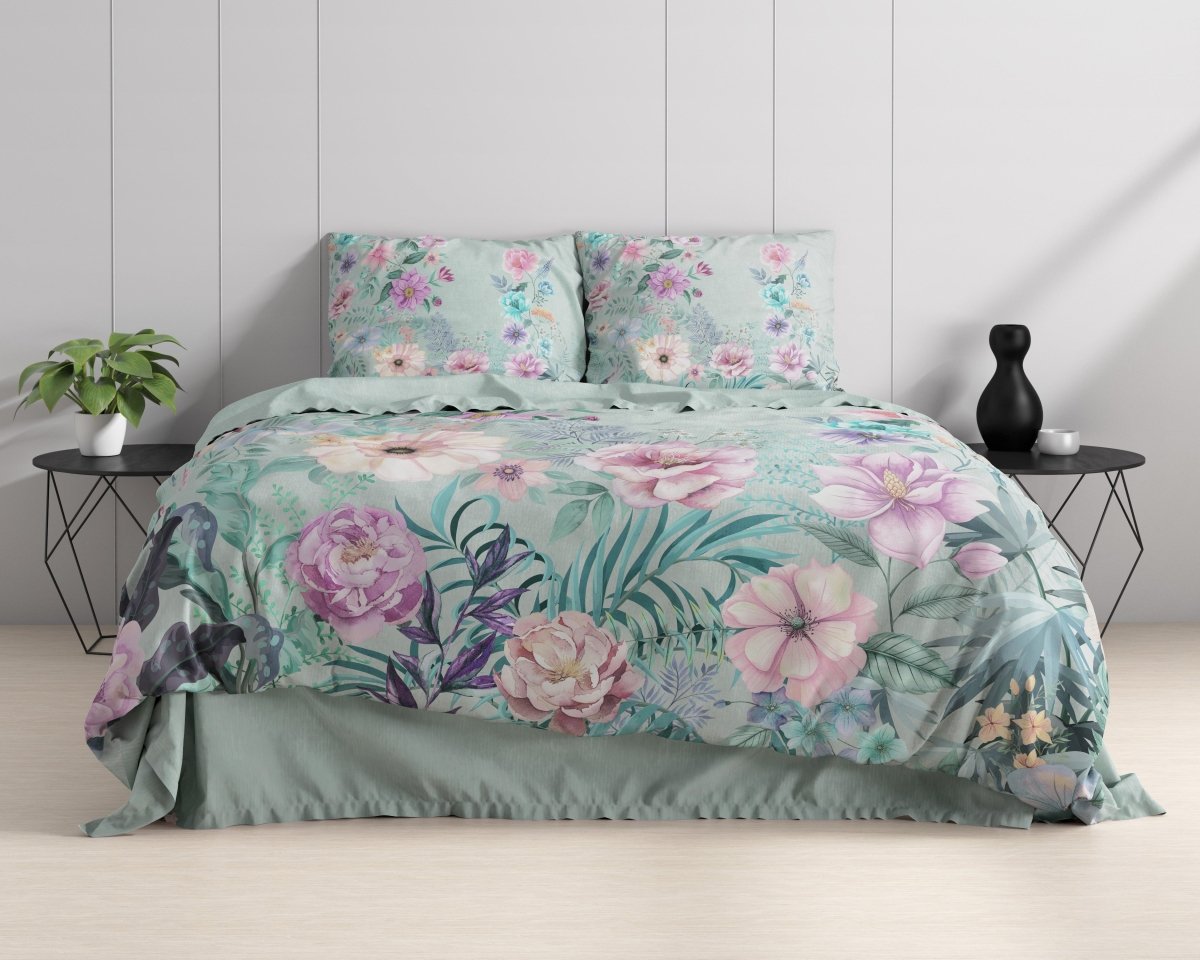 100% Cotton Duvet Cover Set Flore | Blue | Single - 140cm (W) x 220cm (L) - The Bedding & Blankets Store