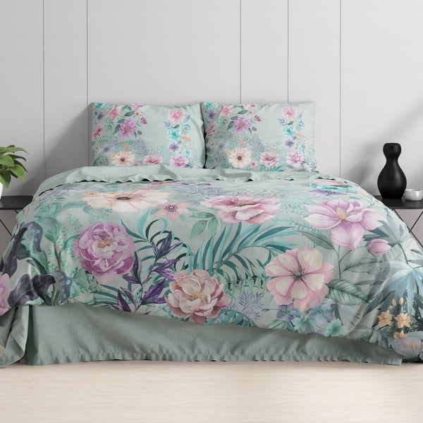 100% Cotton Duvet Cover Set Flore | Blue | Single - 140cm (W) x 220cm (L) - The Bedding & Blankets Store