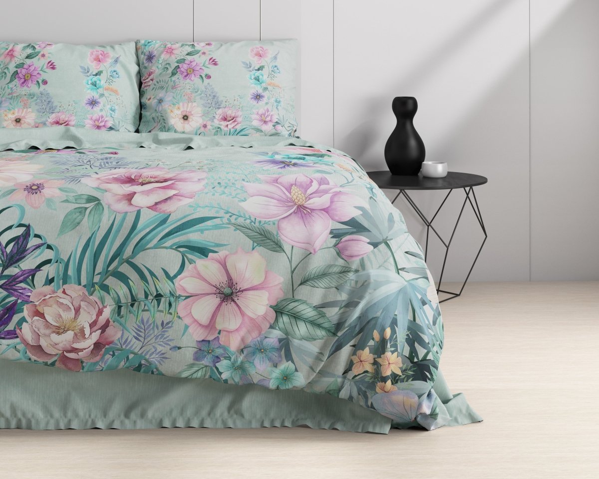 100% Cotton Duvet Cover Set Flore | Blue | Single - 140cm (W) x 220cm (L) - The Bedding & Blankets Store