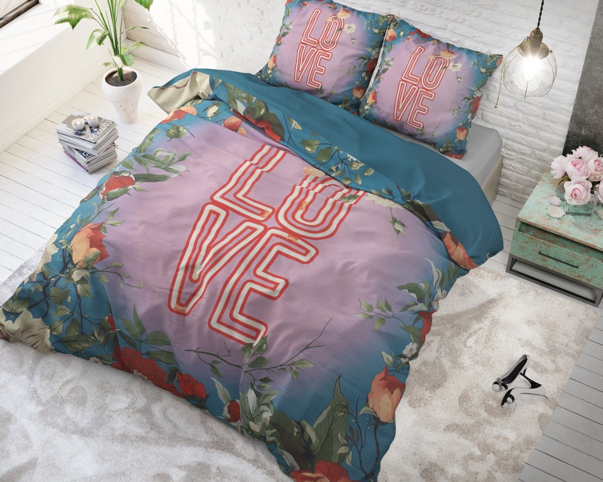 100% Cotton Duvet Cover Set Led Love | Turquoise | King - 240cm (W) x 220cm (L) - The Bedding & Blankets Store