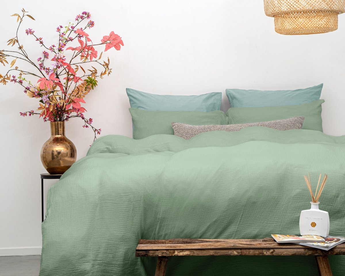 100% Cotton Duvet Cover Set Mousseline | Green | Single - 140cm (W) x 220cm (L) - The Bedding & Blankets Store