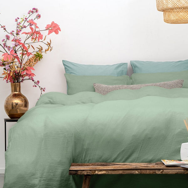 100% Cotton Duvet Cover Set Mousseline | Green | Single - 140cm (W) x 220cm (L) - The Bedding & Blankets Store