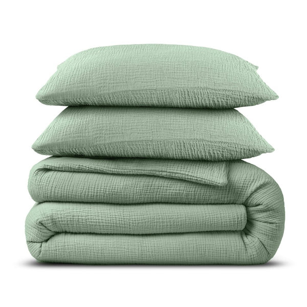 100% Cotton Duvet Cover Set Mousseline | Green | Single - 140cm (W) x 220cm (L) - The Bedding & Blankets Store