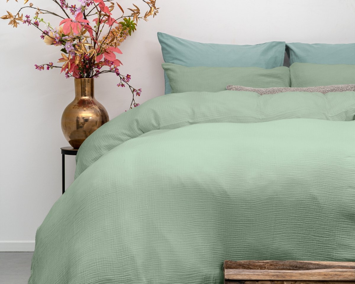 100% Cotton Duvet Cover Set Mousseline | Green | Single - 140cm (W) x 220cm (L) - The Bedding & Blankets Store