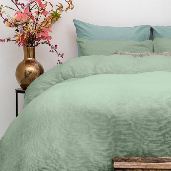 100% Cotton Duvet Cover Set Mousseline | Green | Single - 140cm (W) x 220cm (L) - The Bedding & Blankets Store