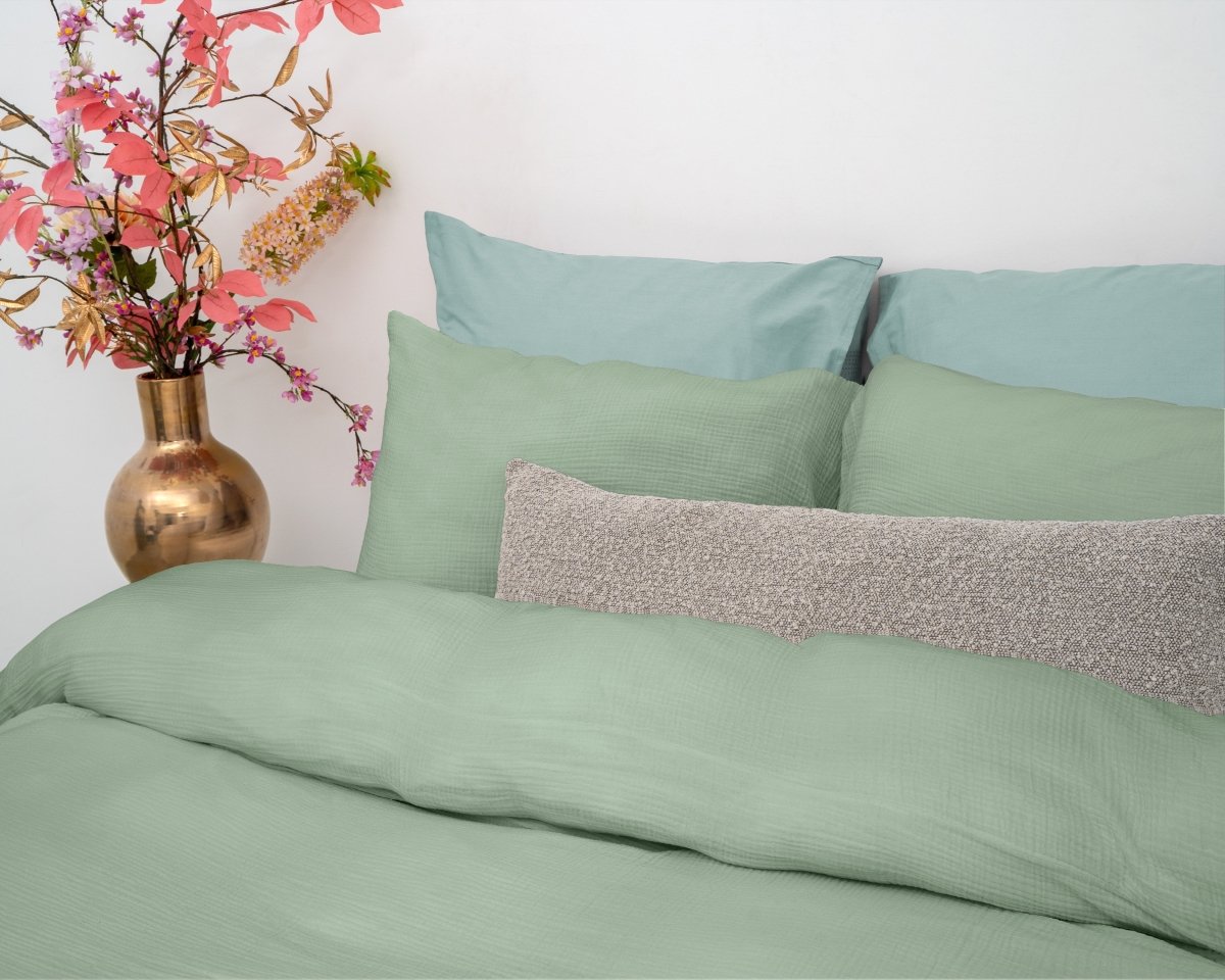 100% Cotton Duvet Cover Set Mousseline | Green | Single - 140cm (W) x 220cm (L) - The Bedding & Blankets Store
