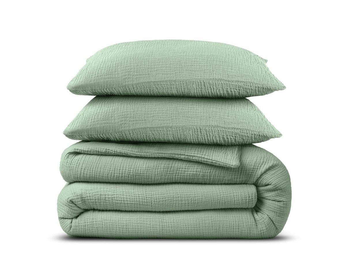 100% Cotton Duvet Cover Set Mousseline | Green | Single - 140cm (W) x 220cm (L) - The Bedding & Blankets Store