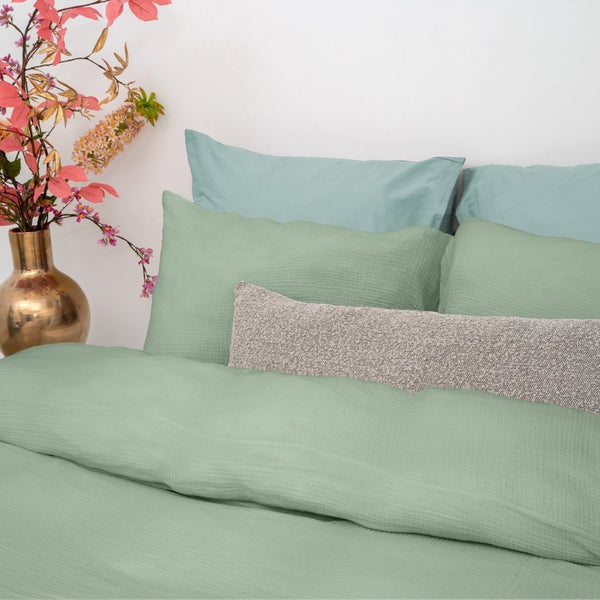 100% Cotton Duvet Cover Set Mousseline | Green | Single - 140cm (W) x 220cm (L) - The Bedding & Blankets Store