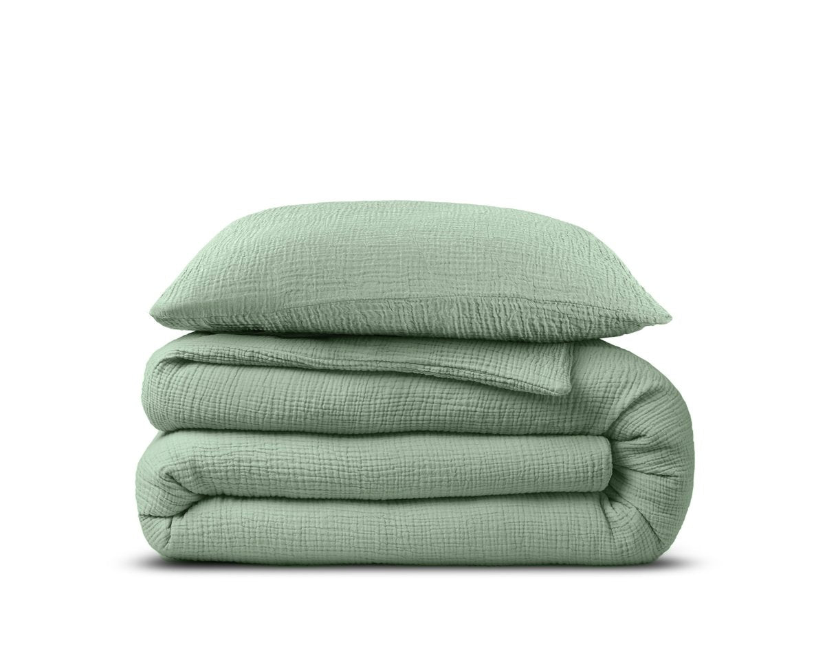 100% Cotton Duvet Cover Set Mousseline | Green | Single - 140cm (W) x 220cm (L) - The Bedding & Blankets Store