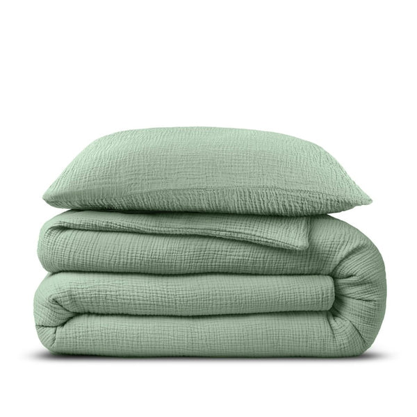100% Cotton Duvet Cover Set Mousseline | Green | Single - 140cm (W) x 220cm (L) - The Bedding & Blankets Store
