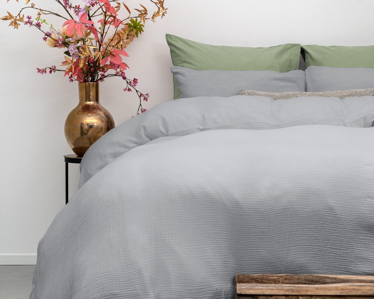 100% Cotton Duvet Cover Set Mousseline | Grey | Single - 140cm (W) x 220cm (L) - The Bedding & Blankets Store