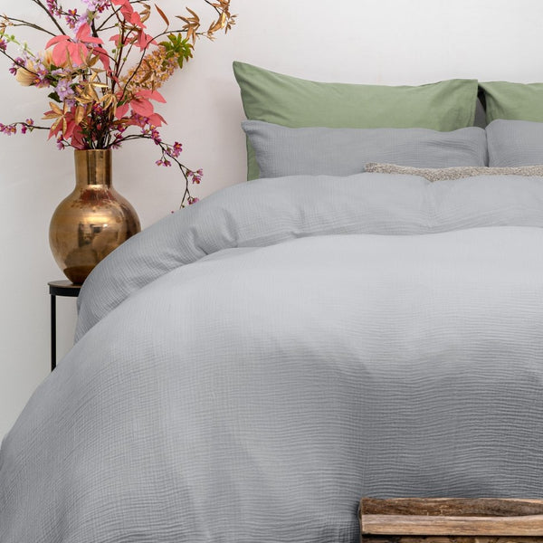 100% Cotton Duvet Cover Set Mousseline | Grey | Single - 140cm (W) x 220cm (L) - The Bedding & Blankets Store