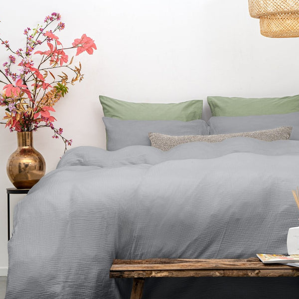 100% Cotton Duvet Cover Set Mousseline | Grey | Single - 140cm (W) x 220cm (L) - The Bedding & Blankets Store