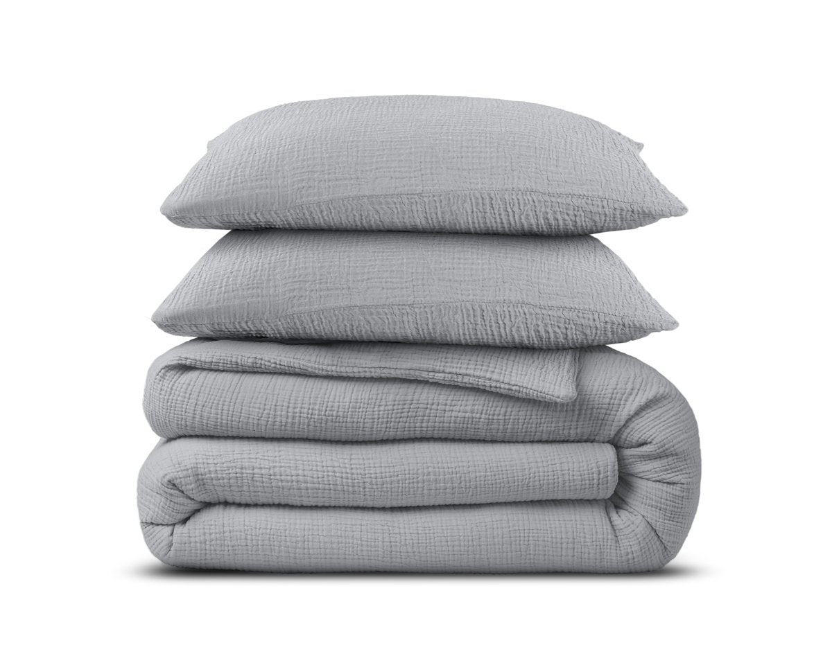 100% Cotton Duvet Cover Set Mousseline | Grey | Single - 140cm (W) x 220cm (L) - The Bedding & Blankets Store