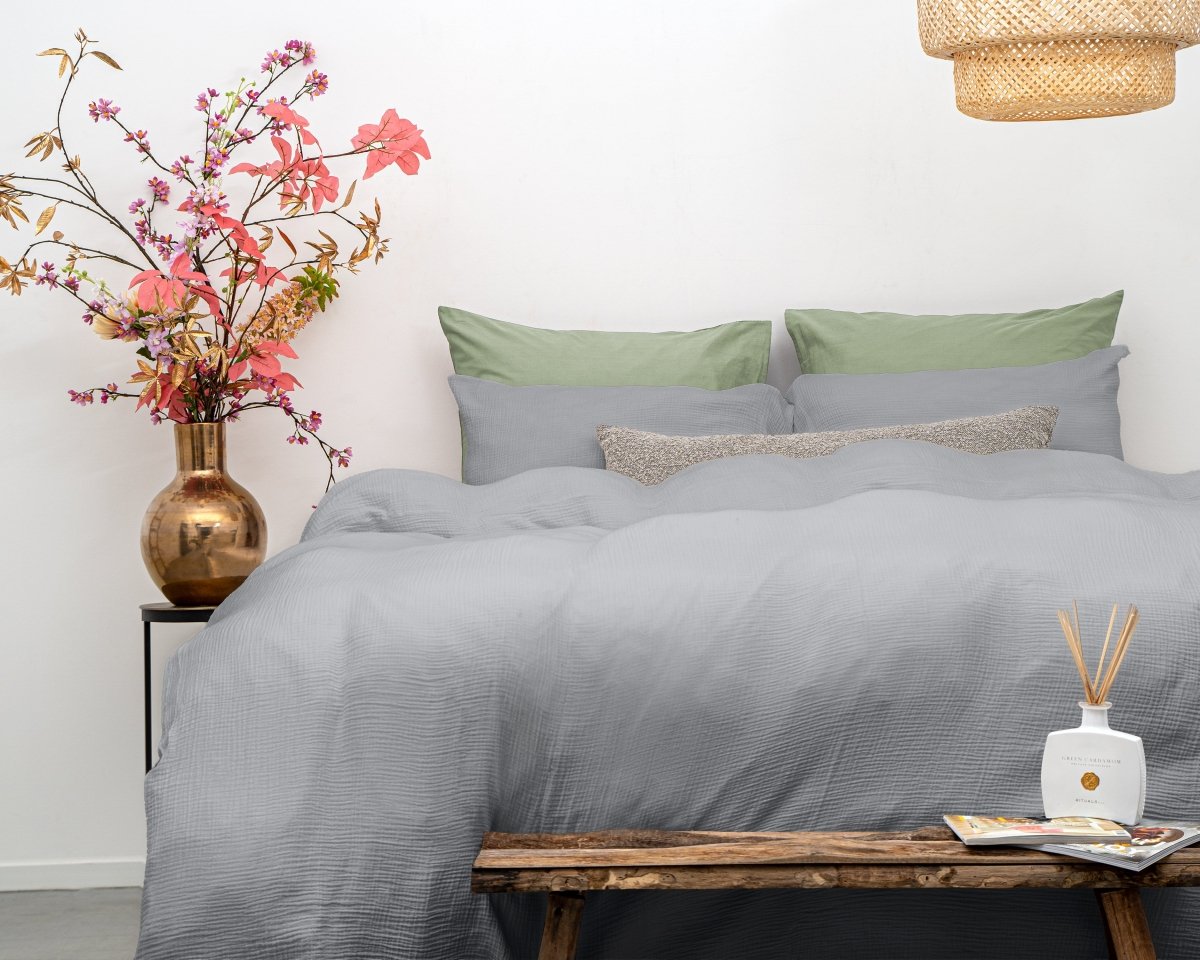 100% Cotton Duvet Cover Set Mousseline | Grey | Single - 140cm (W) x 220cm (L) - The Bedding & Blankets Store