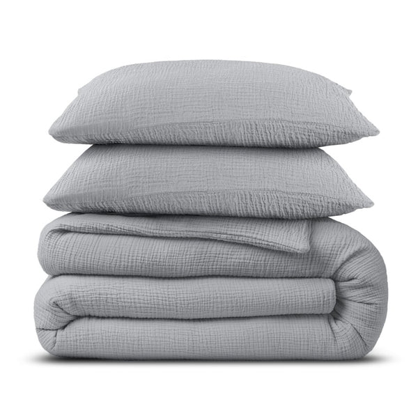 100% Cotton Duvet Cover Set Mousseline | Grey | Single - 140cm (W) x 220cm (L) - The Bedding & Blankets Store