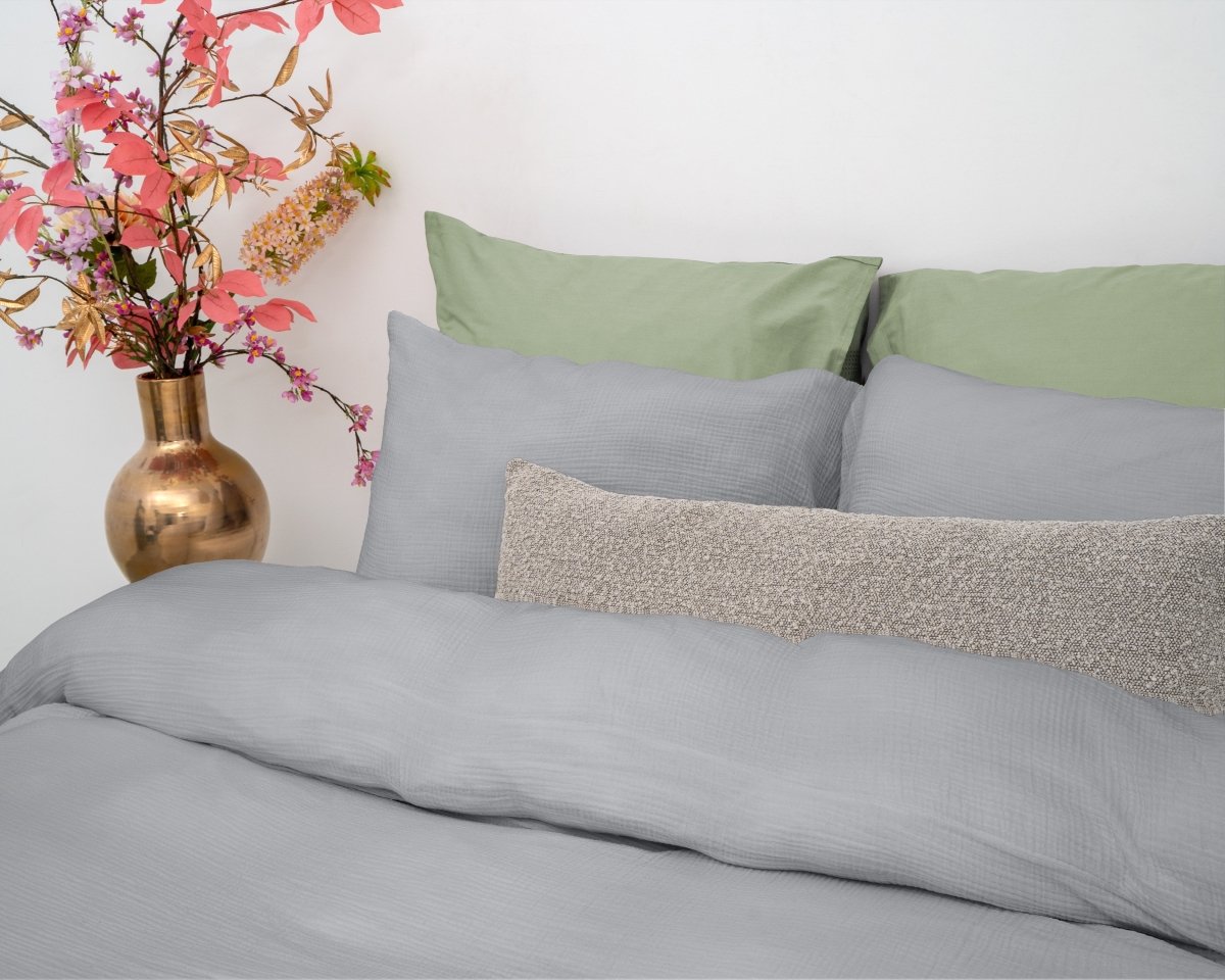 100% Cotton Duvet Cover Set Mousseline | Grey | Single - 140cm (W) x 220cm (L) - The Bedding & Blankets Store
