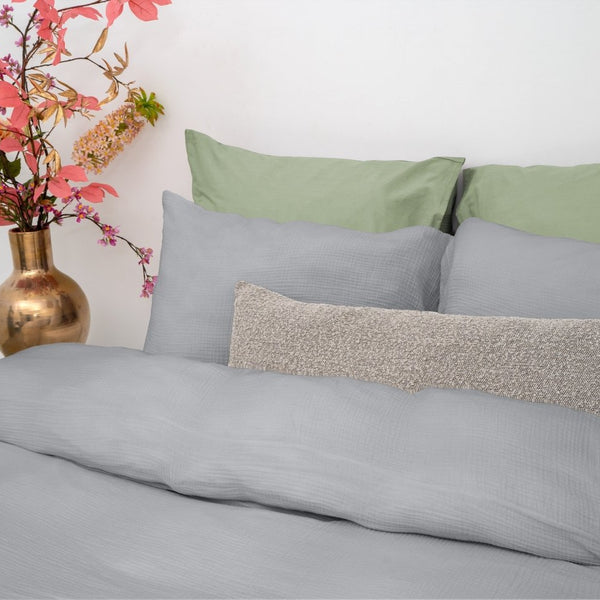 100% Cotton Duvet Cover Set Mousseline | Grey | Single - 140cm (W) x 220cm (L) - The Bedding & Blankets Store