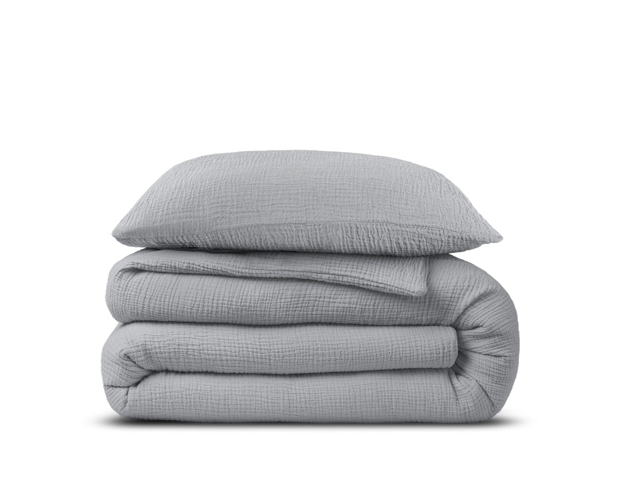 100% Cotton Duvet Cover Set Mousseline | Grey | Single - 140cm (W) x 220cm (L) - The Bedding & Blankets Store