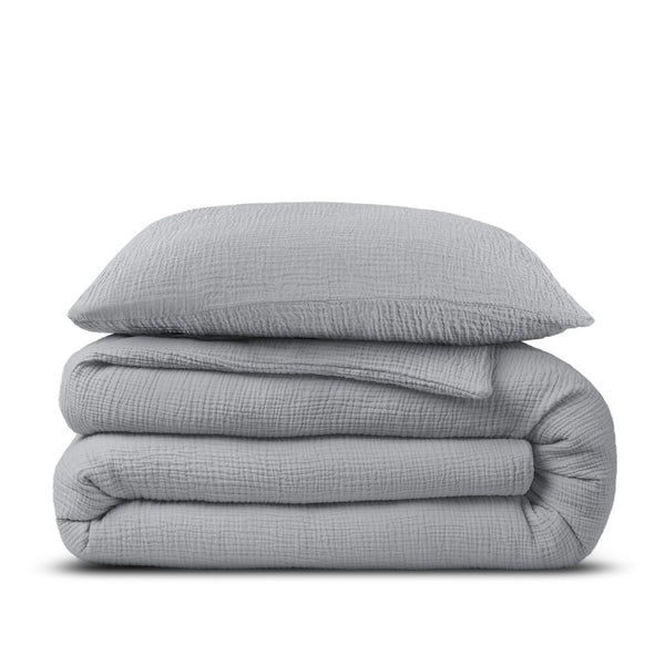 100% Cotton Duvet Cover Set Mousseline | Grey | Single - 140cm (W) x 220cm (L) - The Bedding & Blankets Store