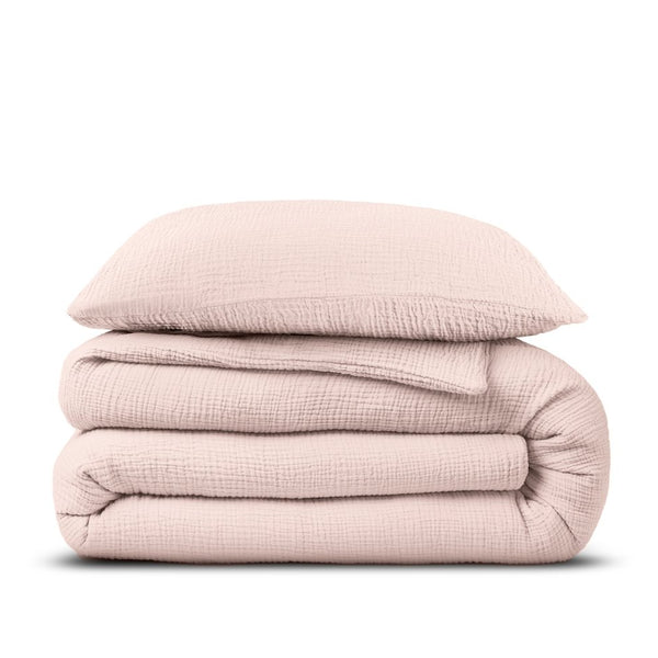 100% Cotton Duvet Cover Set Mousseline | Pink | Single - 140cm (W) x 220cm (L) - The Bedding & Blankets Store