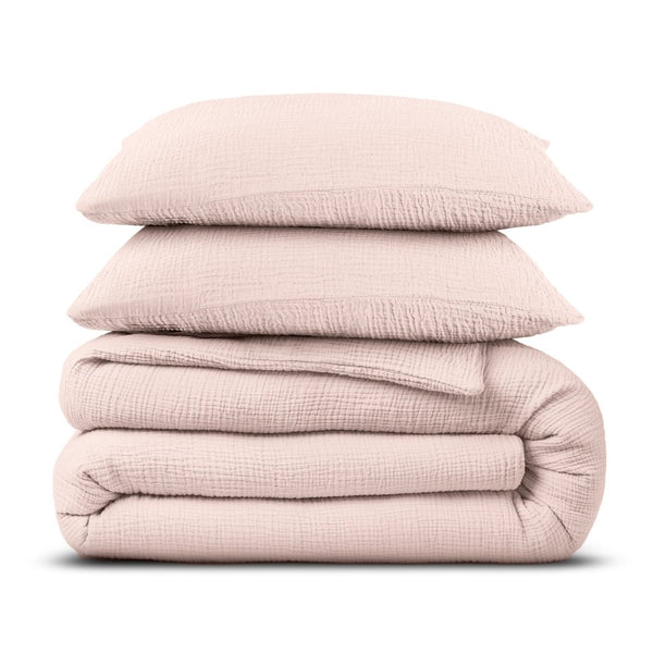 100% Cotton Duvet Cover Set Mousseline | Pink | Single - 140cm (W) x 220cm (L) - The Bedding & Blankets Store