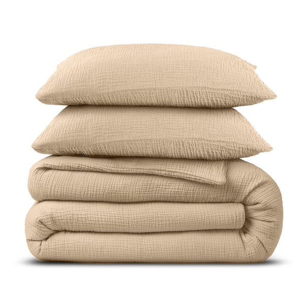 100% Cotton Duvet Cover Set Mousseline | Sand | Single - 140cm (W) x 220cm (L) - The Bedding & Blankets Store