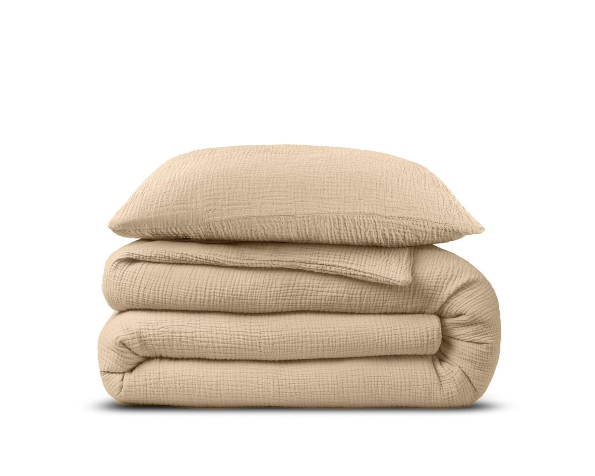 100% Cotton Duvet Cover Set Mousseline | Sand | Single - 140cm (W) x 220cm (L) - The Bedding & Blankets Store