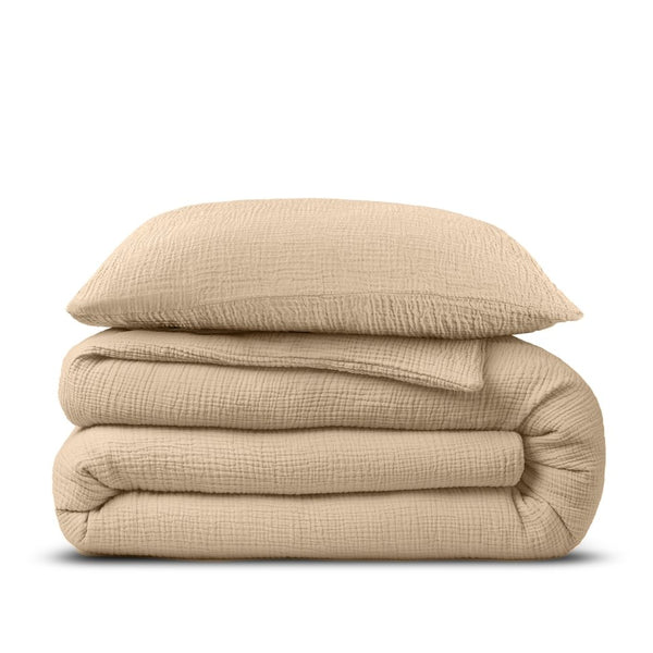 100% Cotton Duvet Cover Set Mousseline | Sand | Single - 140cm (W) x 220cm (L) - The Bedding & Blankets Store