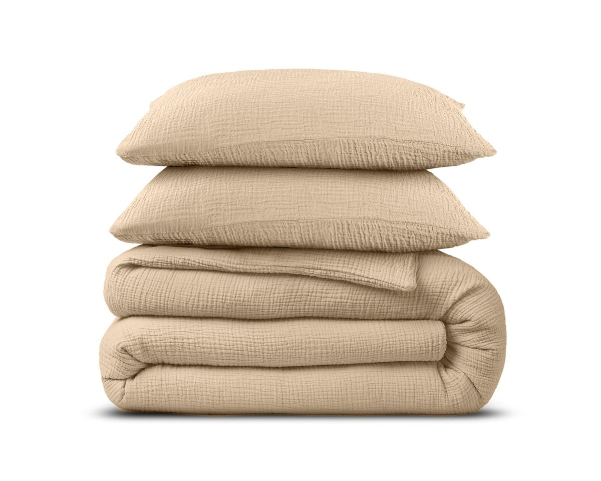 100% Cotton Duvet Cover Set Mousseline | Sand | Single - 140cm (W) x 220cm (L) - The Bedding & Blankets Store