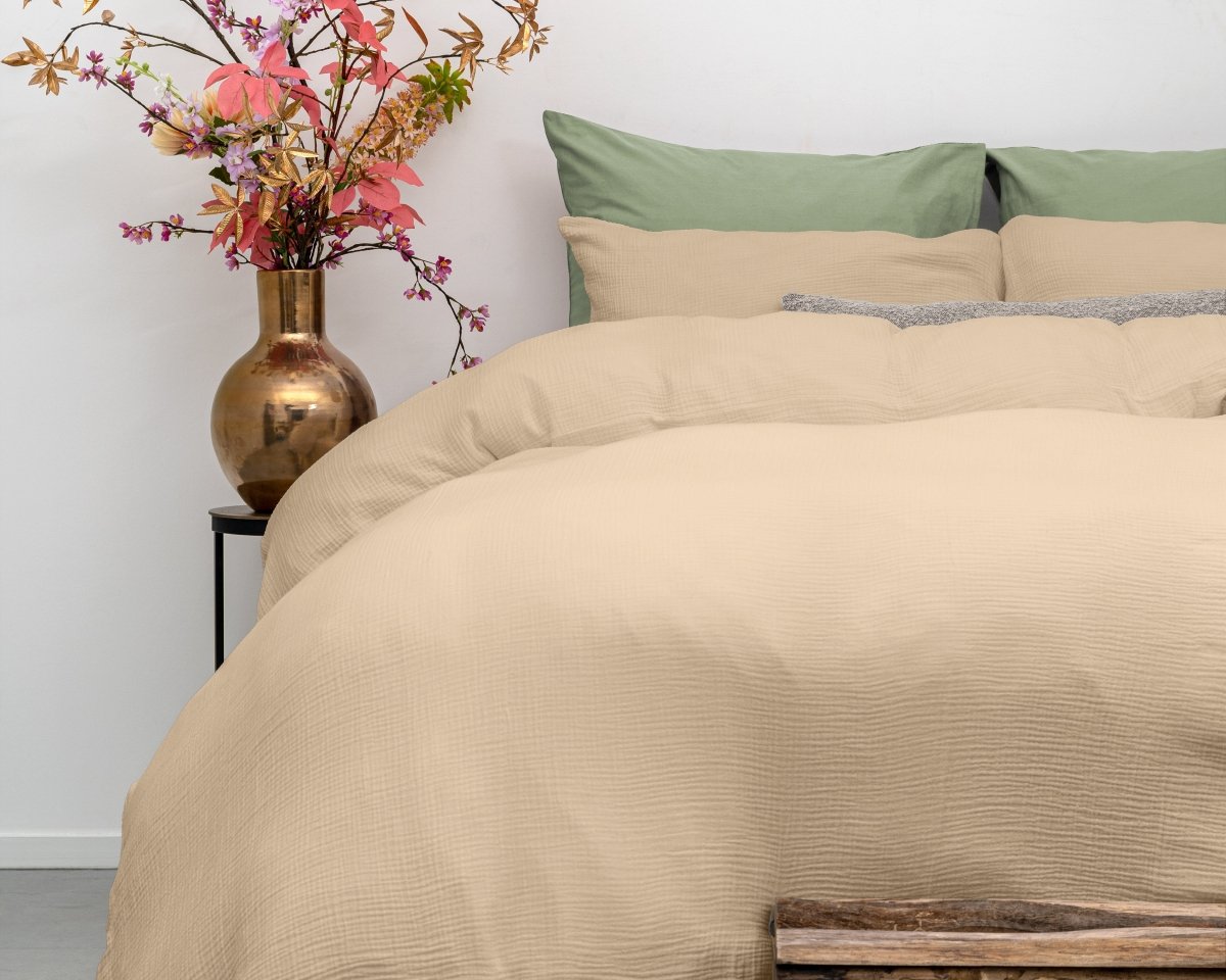 100% Cotton Duvet Cover Set Mousseline | Sand | Single - 140cm (W) x 220cm (L) - The Bedding & Blankets Store