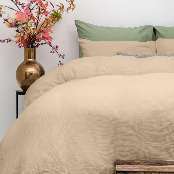 100% Cotton Duvet Cover Set Mousseline | Sand | Single - 140cm (W) x 220cm (L) - The Bedding & Blankets Store