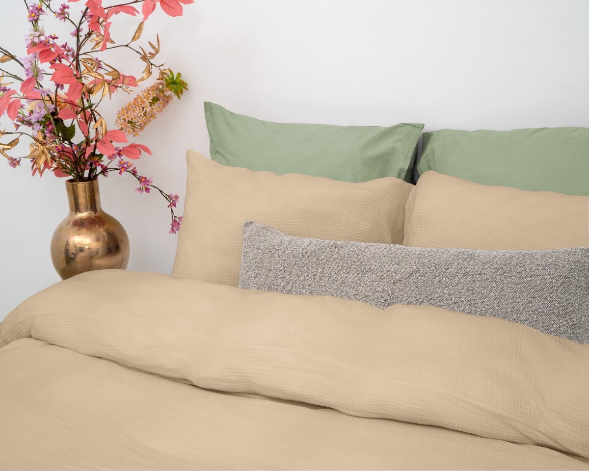 100% Cotton Duvet Cover Set Mousseline | Sand | Single - 140cm (W) x 220cm (L) - The Bedding & Blankets Store