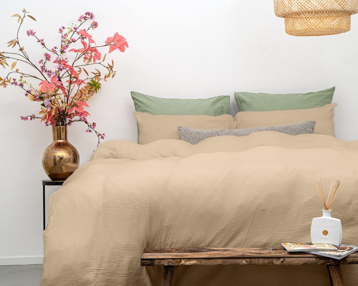 100% Cotton Duvet Cover Set Mousseline | Sand | Single - 140cm (W) x 220cm (L) - The Bedding & Blankets Store
